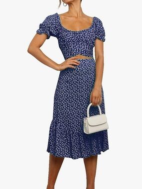 Navy Blue Floral Two-Piece Midi Skirt and crop top Set